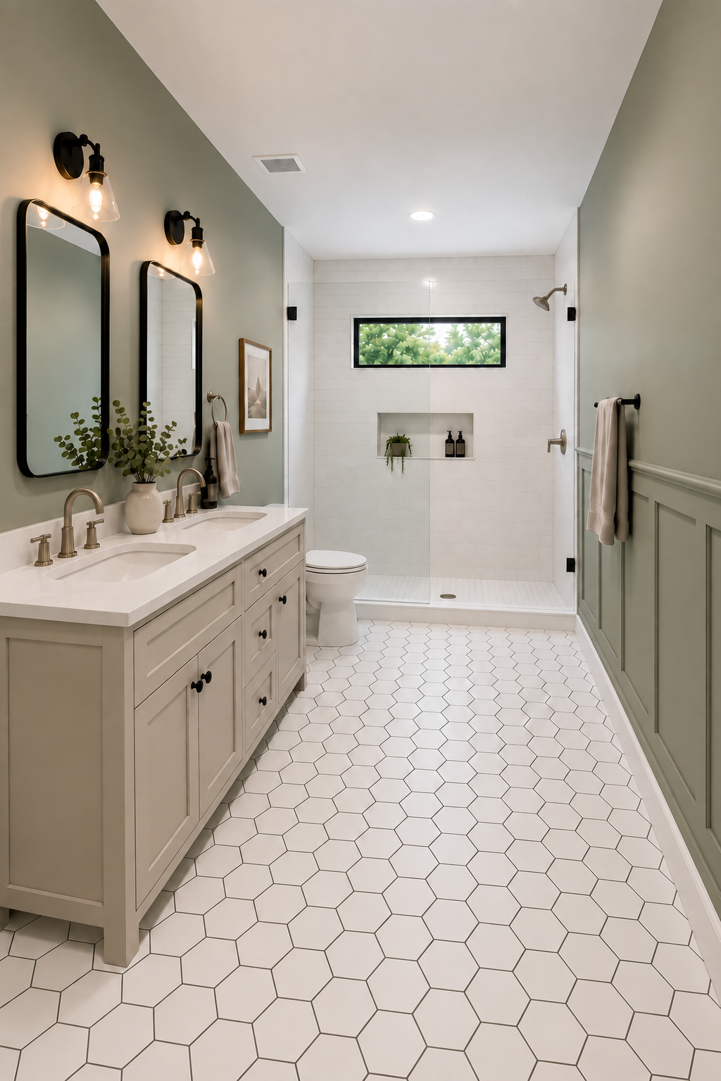 Planned bathroom transformation with double vanity, full-width shower, and sage-green wainscoting