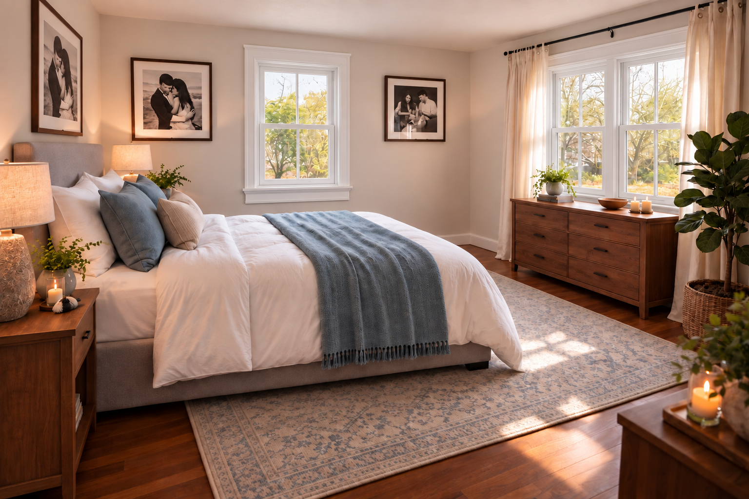 Planned bedroom transformation with the bed positioned against the left wall and a wood bureau beneath the double windows