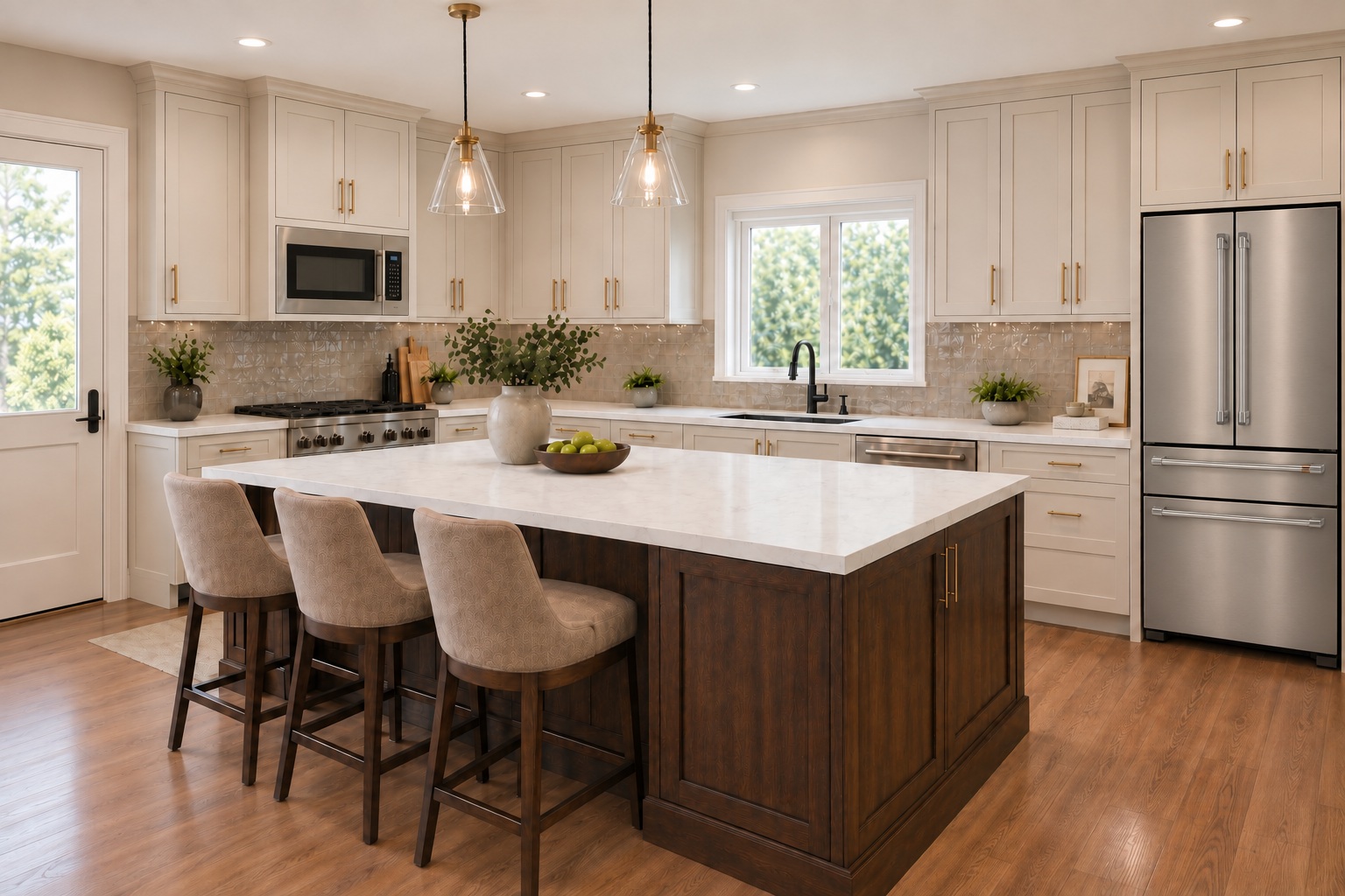 Completed kitchen design with warm white cabinetry, dark wood island, stainless steel refrigerator, and half-glass exterior door