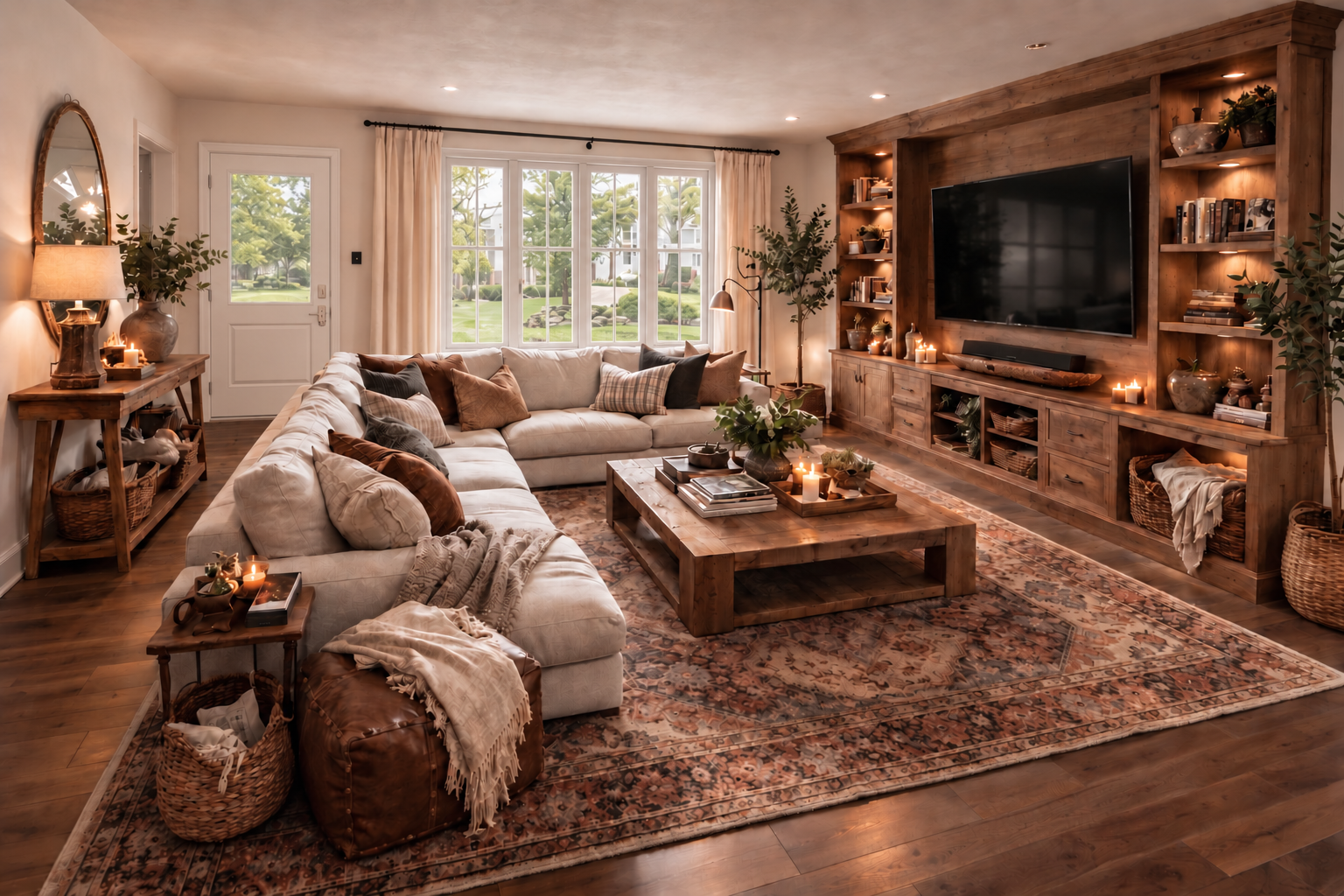 Completed living room design with a white entry door and four-unit white window assembly